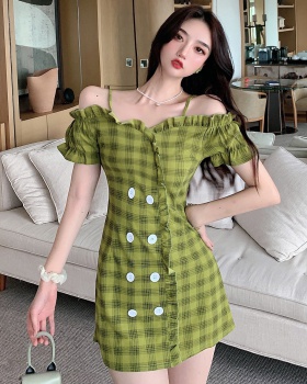Korean style wood ear sling pinched waist flat shoulder dress
