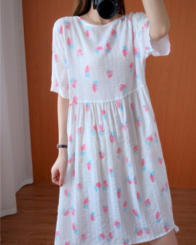 Short sleeve round neck strawberries loose cotton linen dress