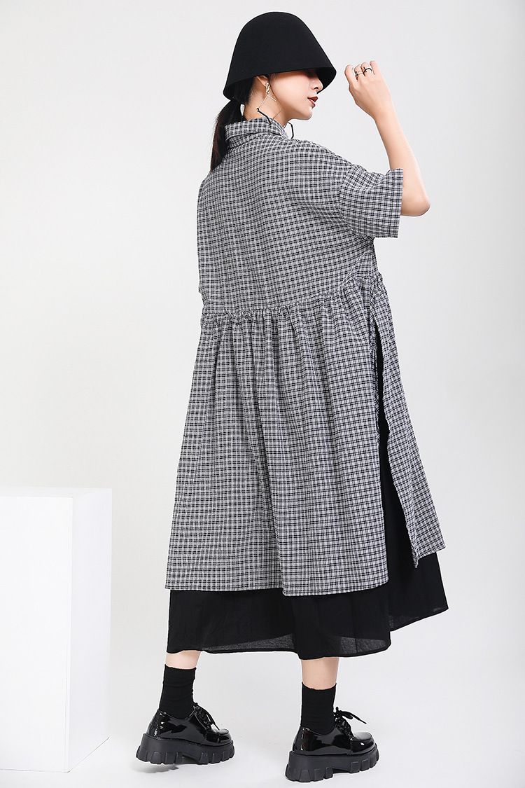 Pseudo-two Japanese style plaid short sleeve dress for women