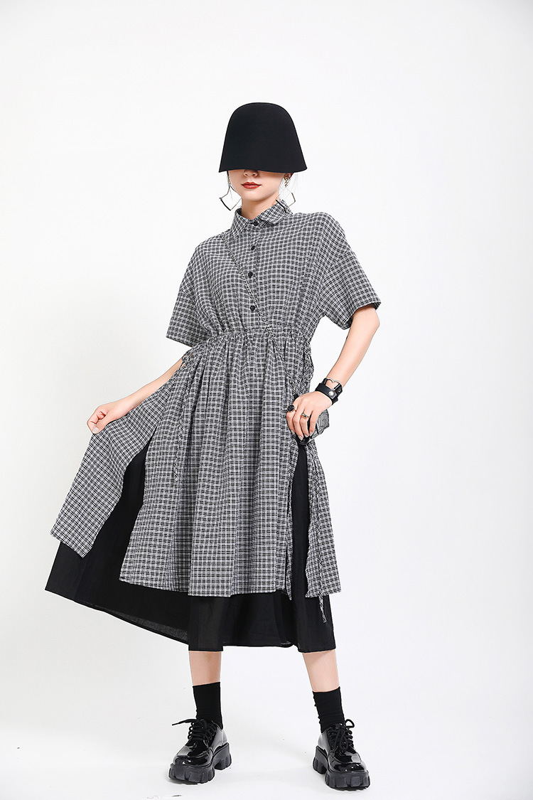 Pseudo-two Japanese style plaid short sleeve dress for women