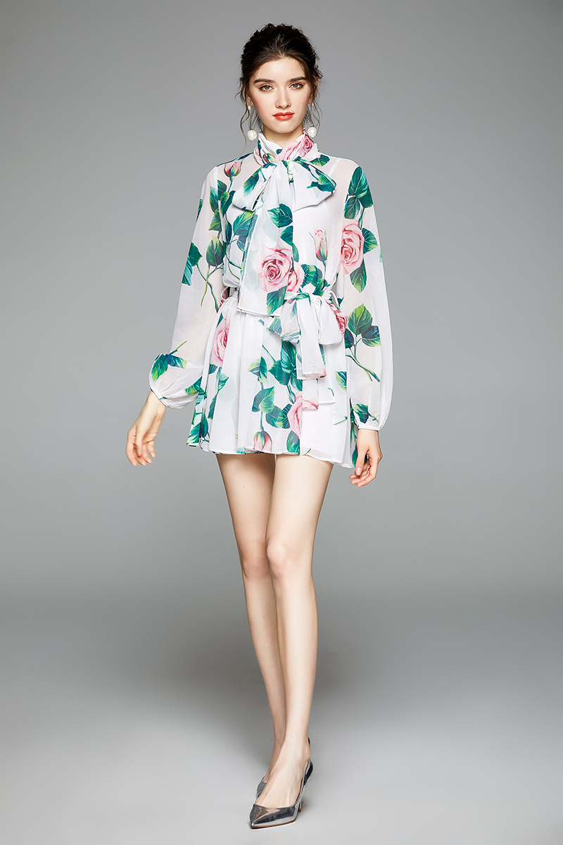 Bandage chiffon rose dress with sling bow short skirt 2pcs set