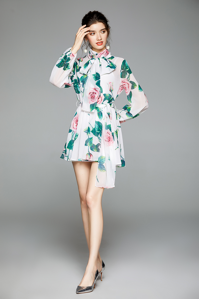 Bandage chiffon rose dress with sling bow short skirt 2pcs set