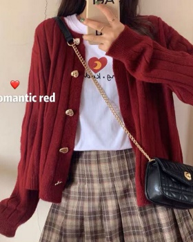 Loose red stripe short sweater heart sweet buckle slim cardigan