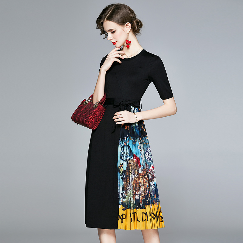 Splice creased with belt autumn rome printing dress