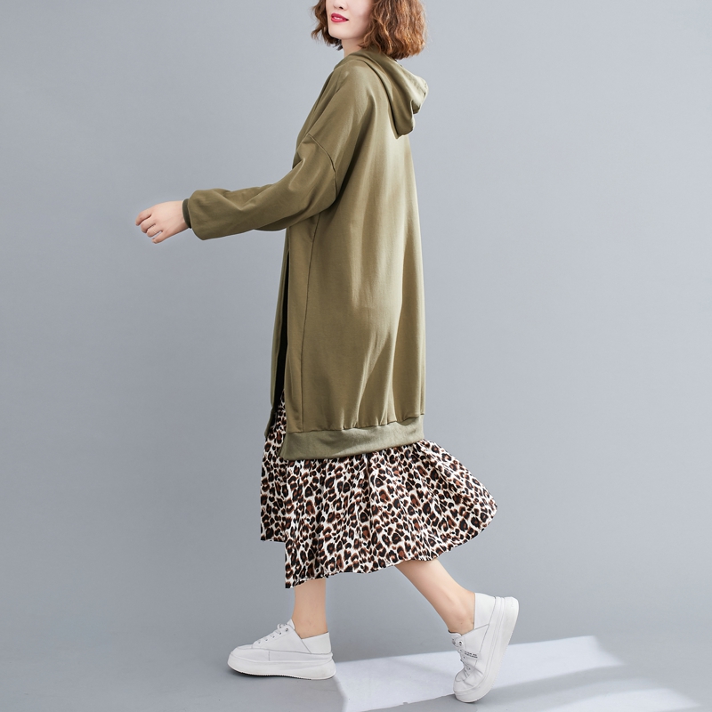 Leopard Pseudo-two hooded hoodie splice loose long dress
