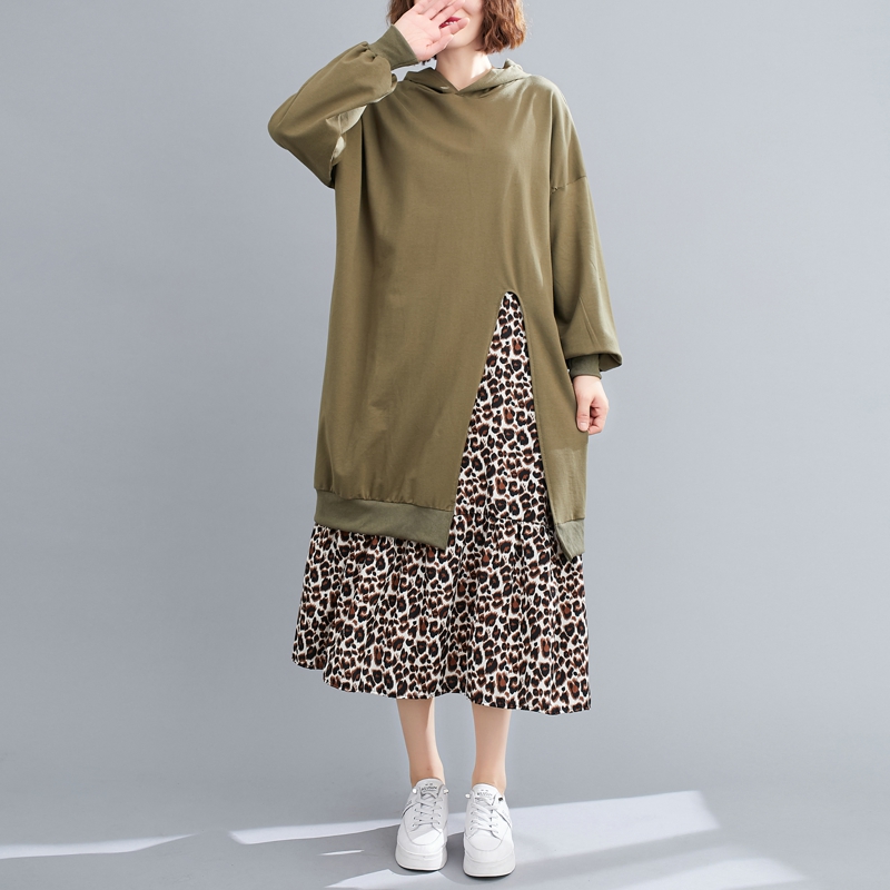 Leopard Pseudo-two hooded hoodie splice loose long dress