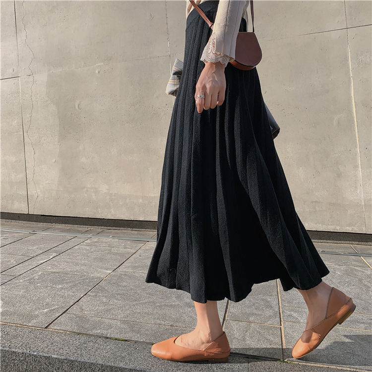 Autumn and winter pleated thick slim knitted student long skirt