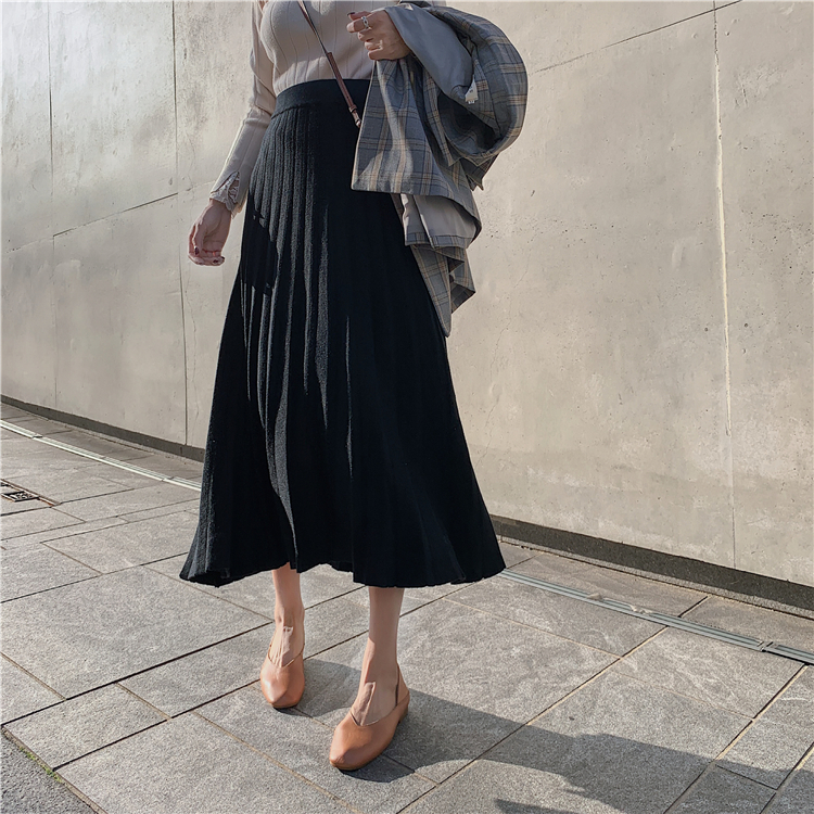 Autumn and winter pleated thick slim knitted student long skirt
