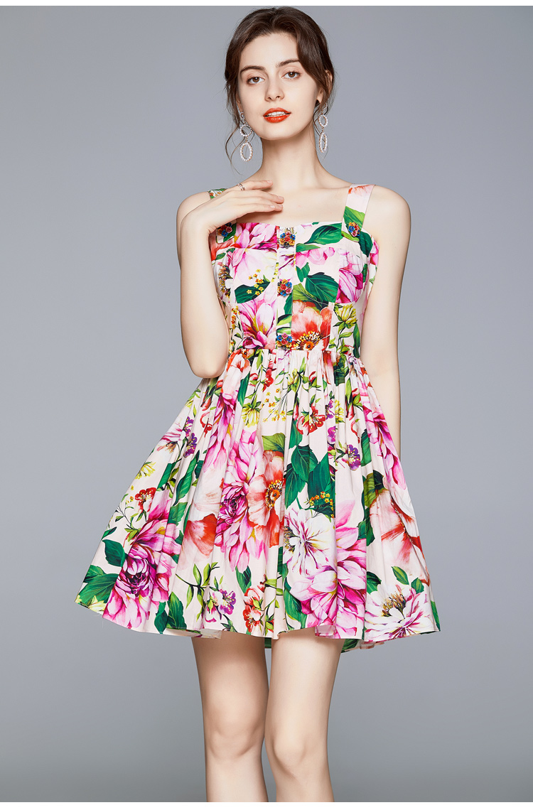 Sling slim summer flowers buckle dress
