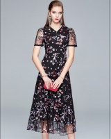Summer floral embroidery pinched waist long slim gauze dress