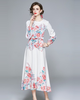 Autumn frenum printing show high big skirt long sleeve dress