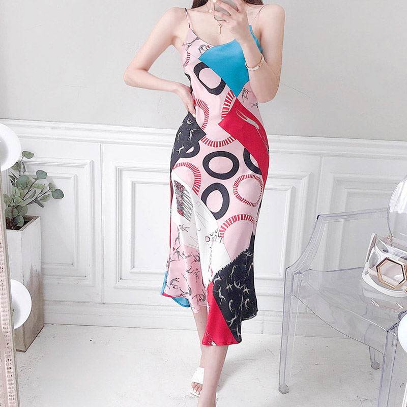Simple fashion long dress slim printing strap dress