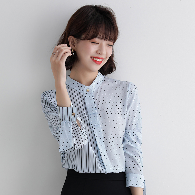 Streamer collar real silk long sleeve autumn stripe shirt