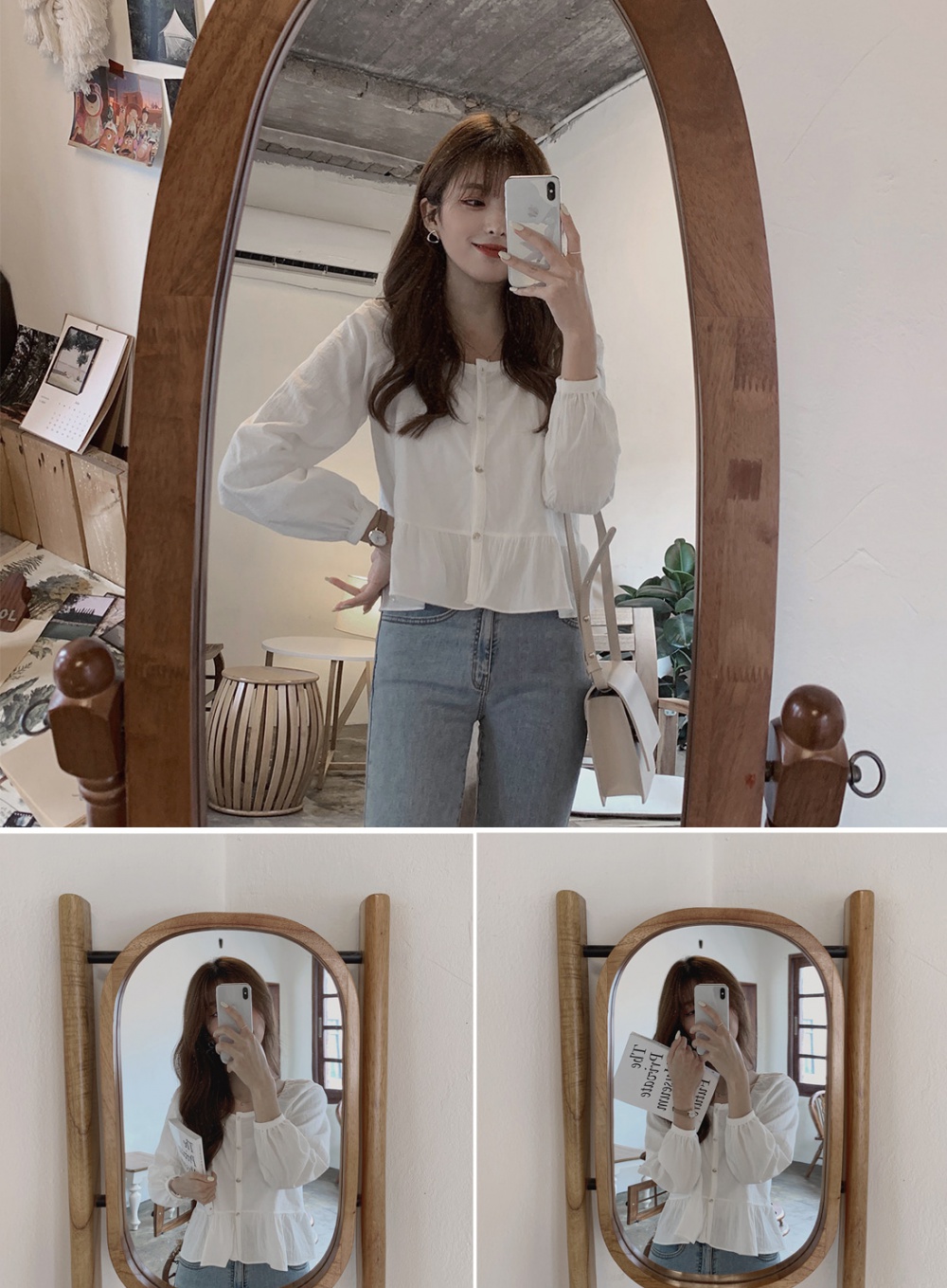 Long sleeve pure short Korean style autumn square collar shirt