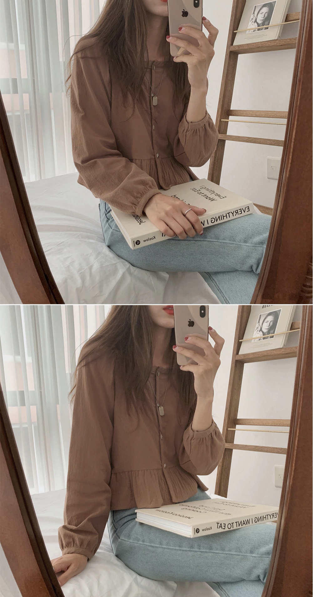 Long sleeve pure short Korean style autumn square collar shirt