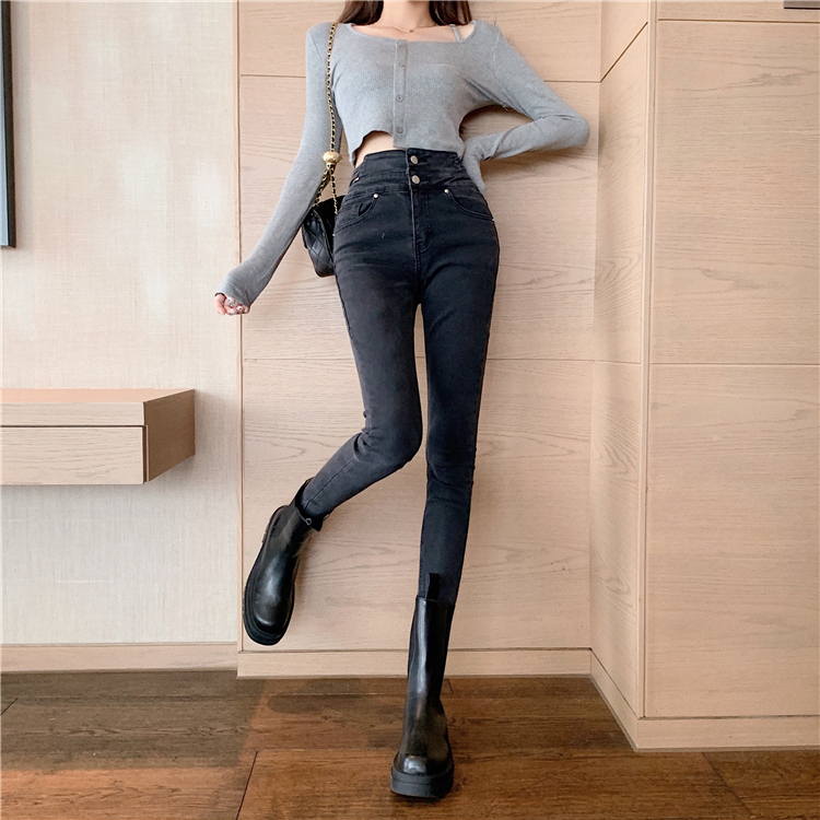 Tight Korean style high waist slim jeans for women