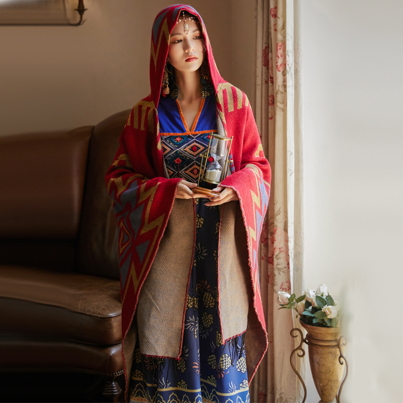 Thick hooded Bohemian style cloak national style travel shawl