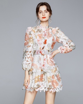 Puff sleeve hollow vacation printing lace retro dress
