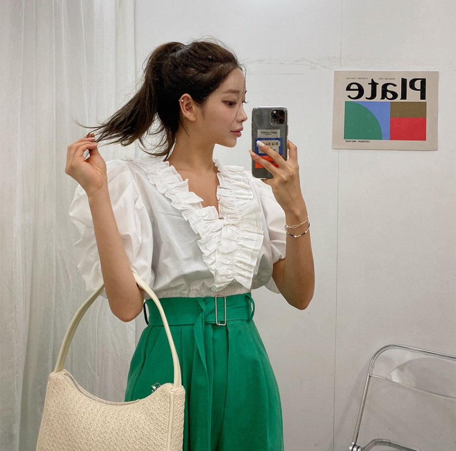 Puff sleeve wood ear tops V-neck summer shirt