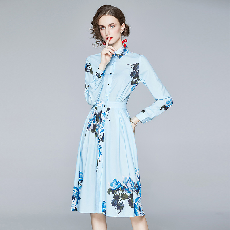 Elegant breathable autumn dress retro blue fresh shirt