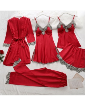 Spring and summer pajamas with chest pad nightgown 5pcs set