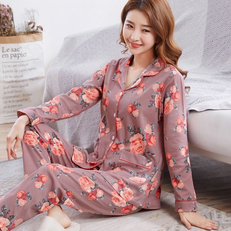Maiden student peony cardigan sweet fresh pajamas 2pcs set