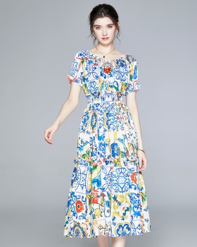 Summer elastic long dress blue and white porcelain dress