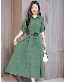 Long sleeve autumn long cotton linen slim Korean style dress