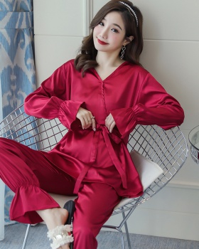 Long sleeve autumn loose homewear ice silk pajamas a set