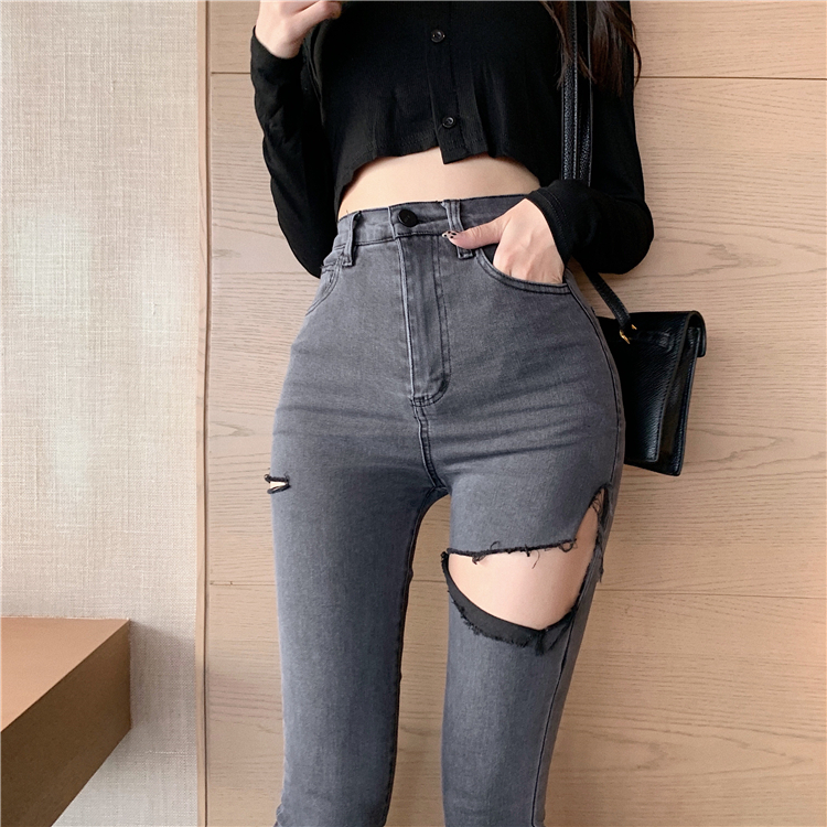 Holes all-match slim long pants package hip autumn jeans