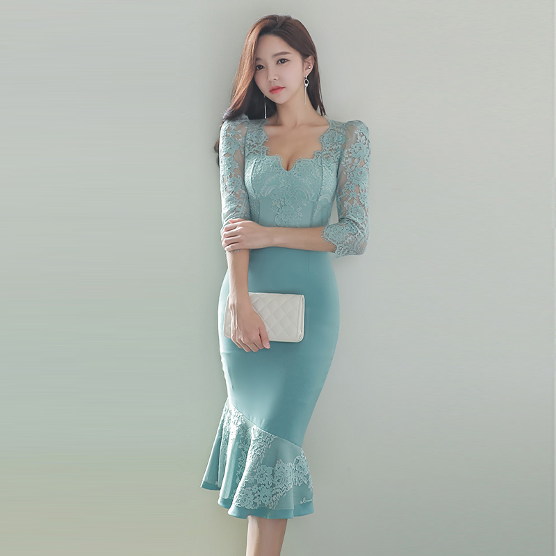 V-neck splice Korean style short sleeve high waist lace dress