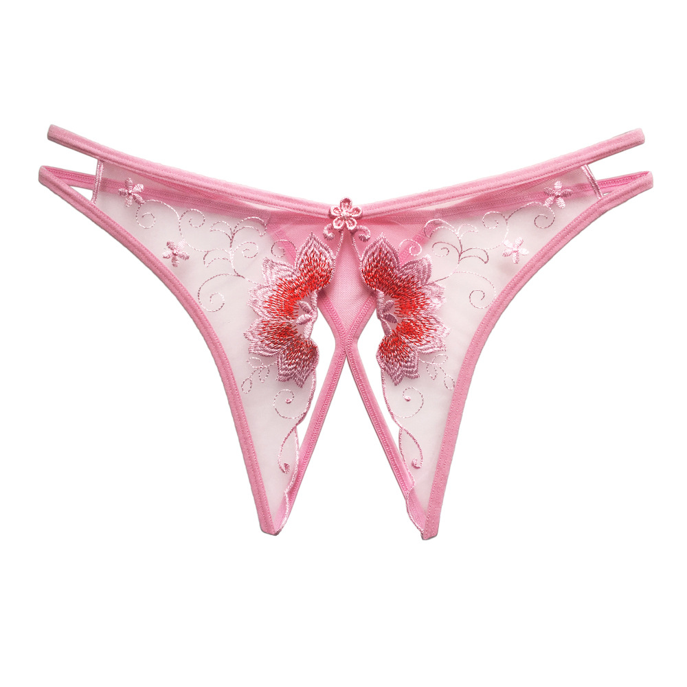 Embroidery sexy open crotch briefs for women