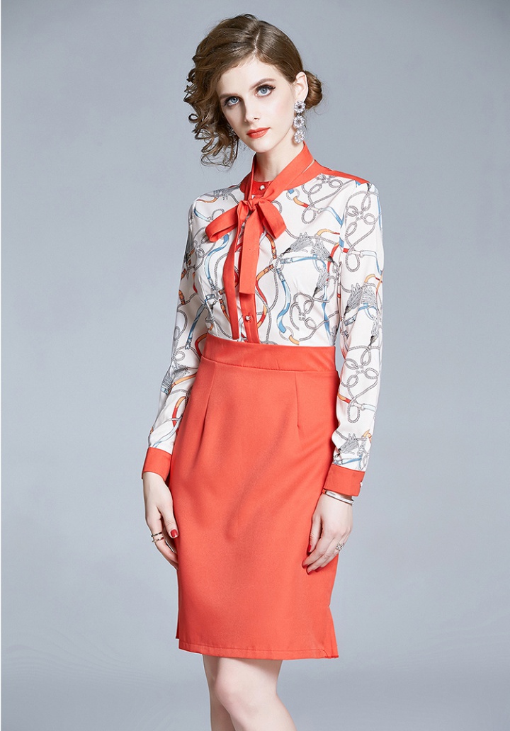 Long sleeve printing chain pattern shirt frenum mixed colors dress