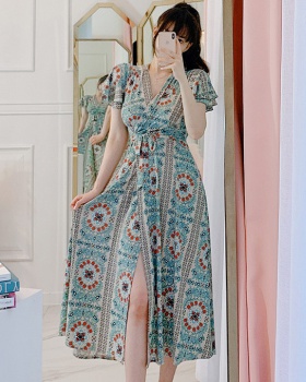 Retro dress printing long dress for women
