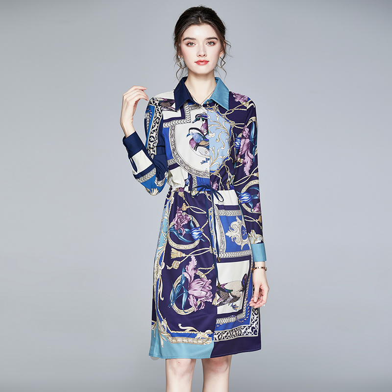 Fashion autumn printing pinched waist artistic dress