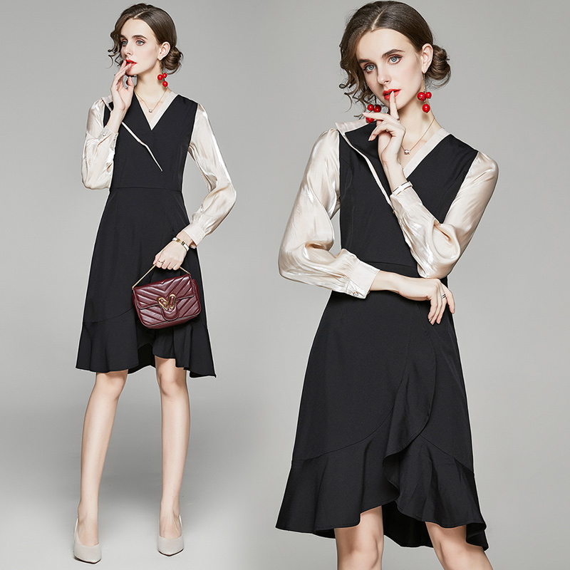 V-neck slim tight dress autumn long sleeve black formal dress