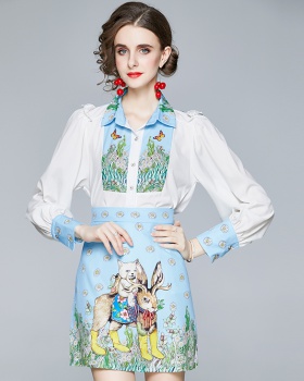 Long sleeve fashion and elegant skirt printing shirt 2pcs set