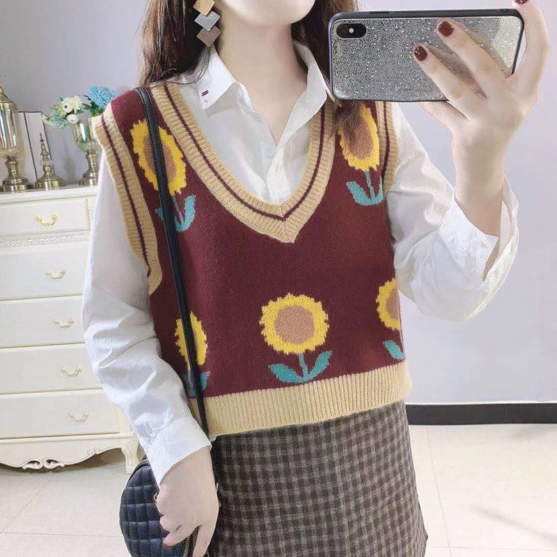 Knitted loose cardigan V-neck sunflower coat for women