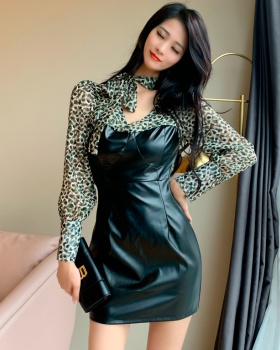 Leopard bottoming sexy pinched waist dress