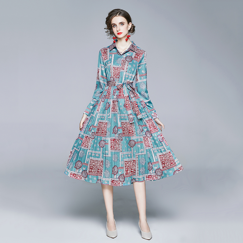 Lapel autumn fashion printing pleated long dress for women