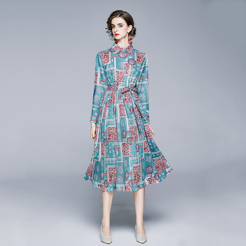 Lapel autumn fashion printing pleated long dress for women