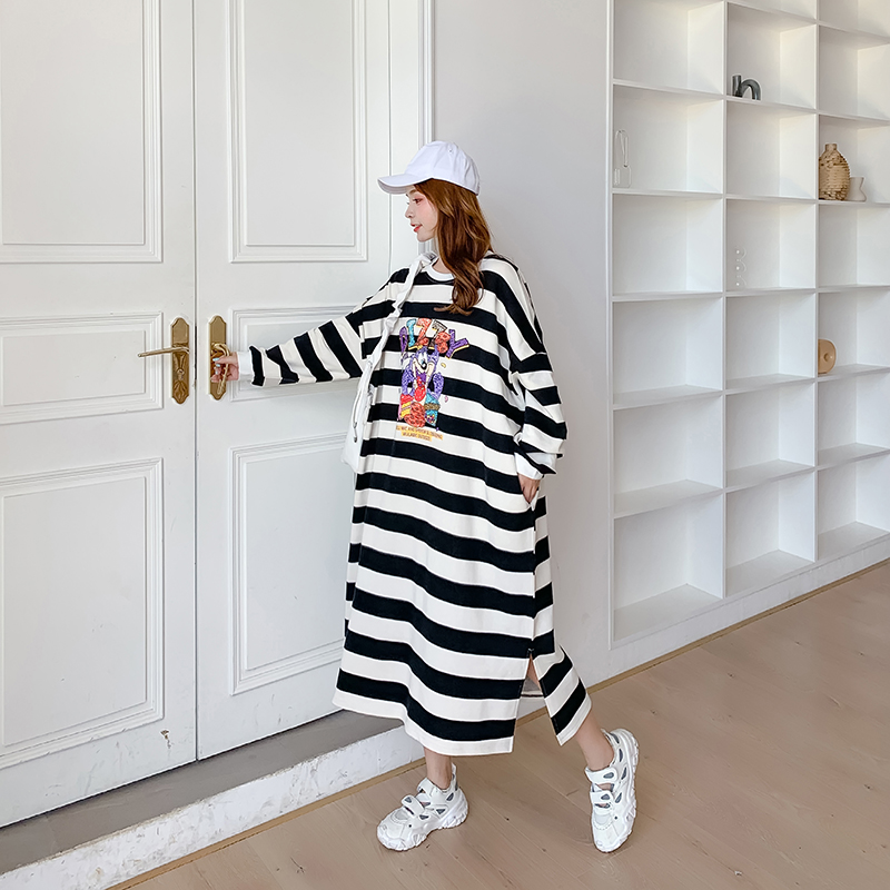 Casual stripe long hoodie autumn and winter loose skirt