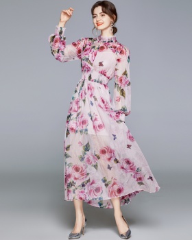 Floral chiffon long dress big skirt long sleeve dress 2pcs set