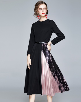 With belt printing pinched waist pleated long sleeve dress