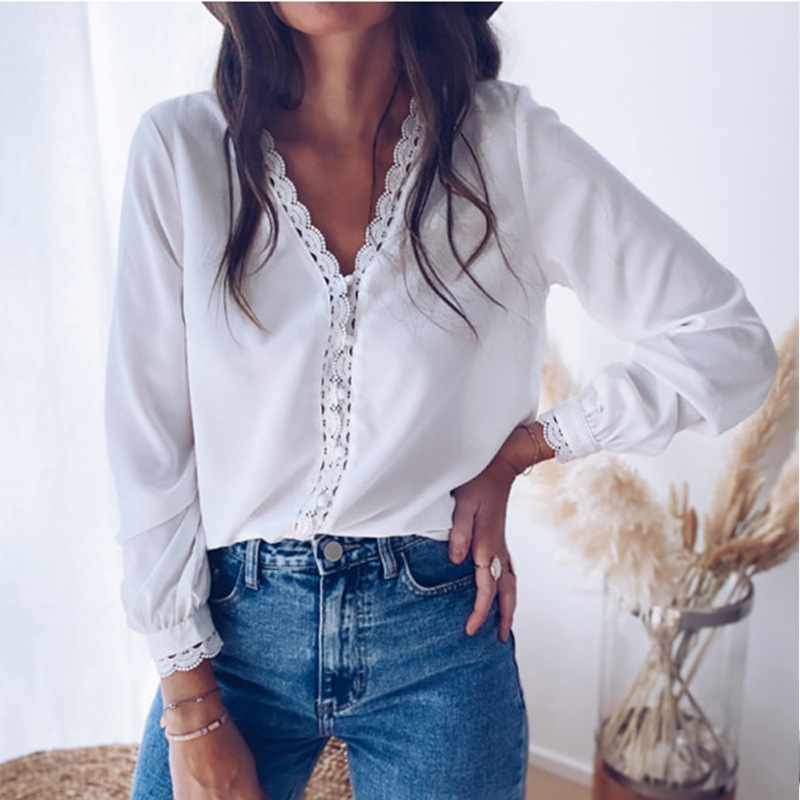 Long sleeve V-neck shirt pure loose tops for women