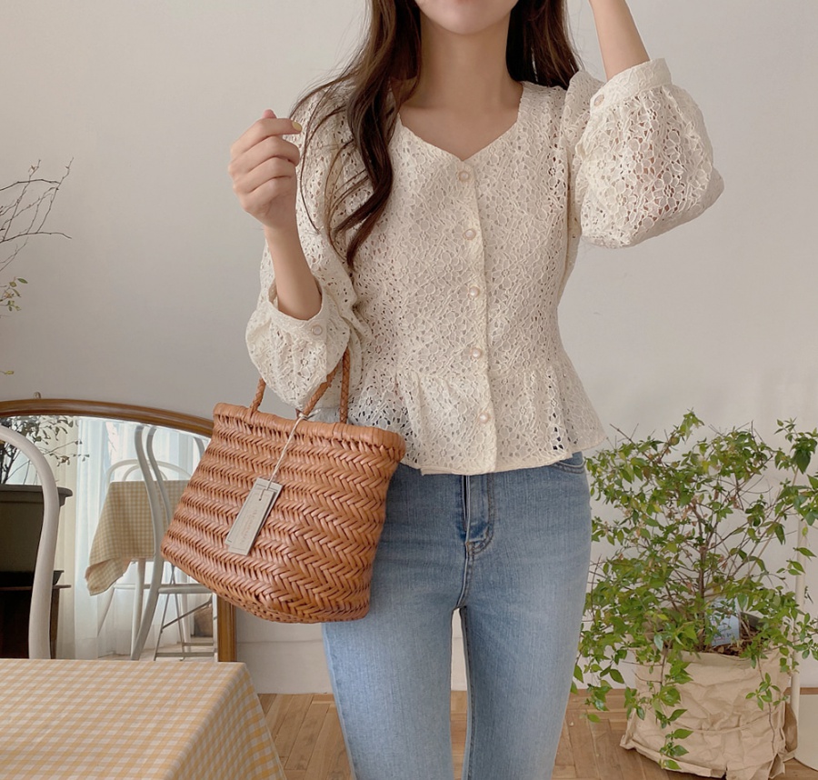 Hollow lace bottoming shirt pinched waist Korean style shirts