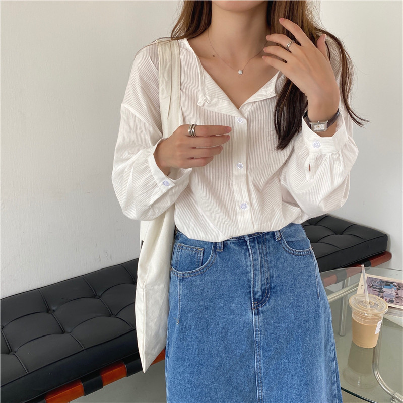 Long sleeve simple round neck all-match Korean style shirt