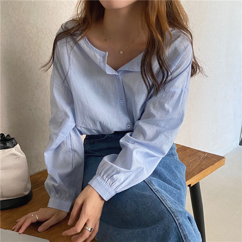 Long sleeve simple round neck all-match Korean style shirt