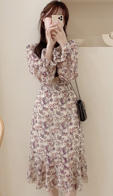 Pinched waist long chiffon V-neck Korean style dress