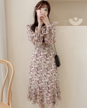 Pinched waist long chiffon V-neck Korean style dress